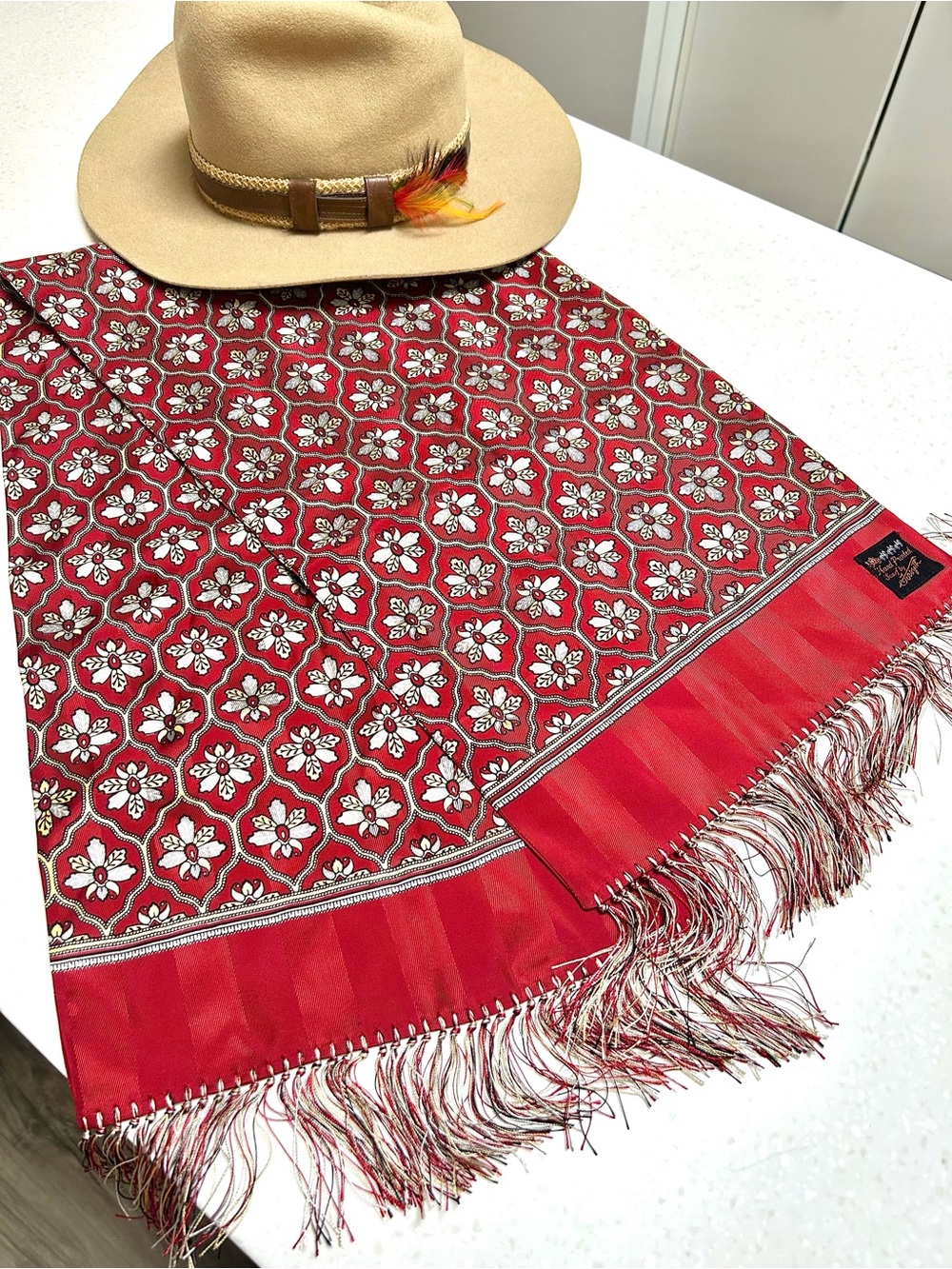 British RARE SILK hand printed Vintage Red Floral Fringe Scarf w luxury vibe